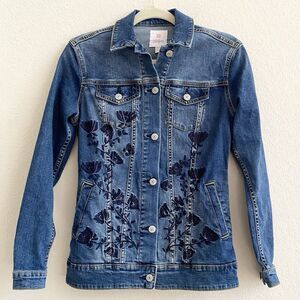 LuLaRoe Jaxon Jacket Denim Jean Embroidered Flowers‎ Women's Size XXS